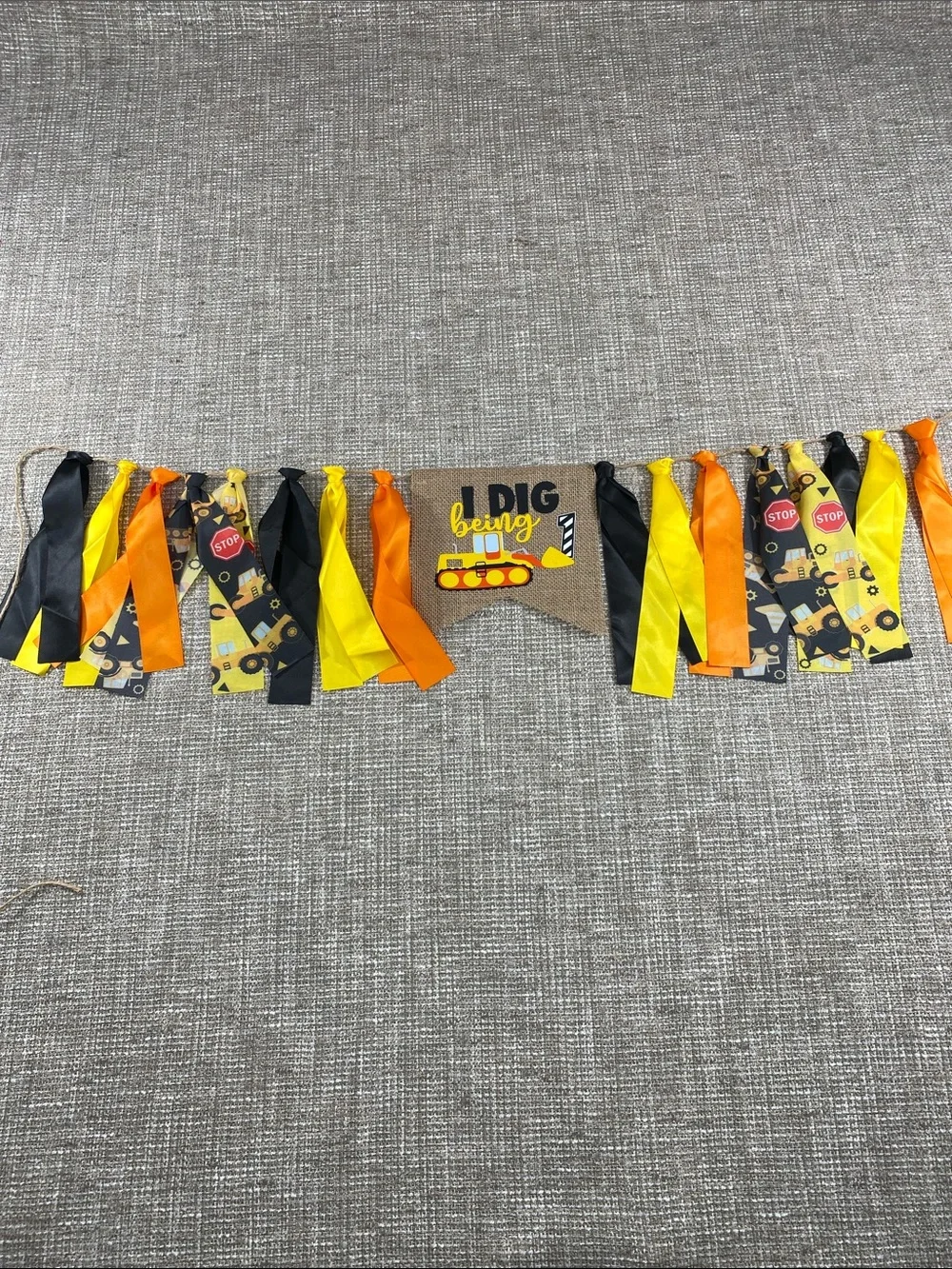 Construction Theme Ribbon Banner - Yellow Black Orange turning one year old